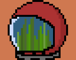 Lichen's logo. Red space helmet on an orange background. Green plants are growing inside the helmet.